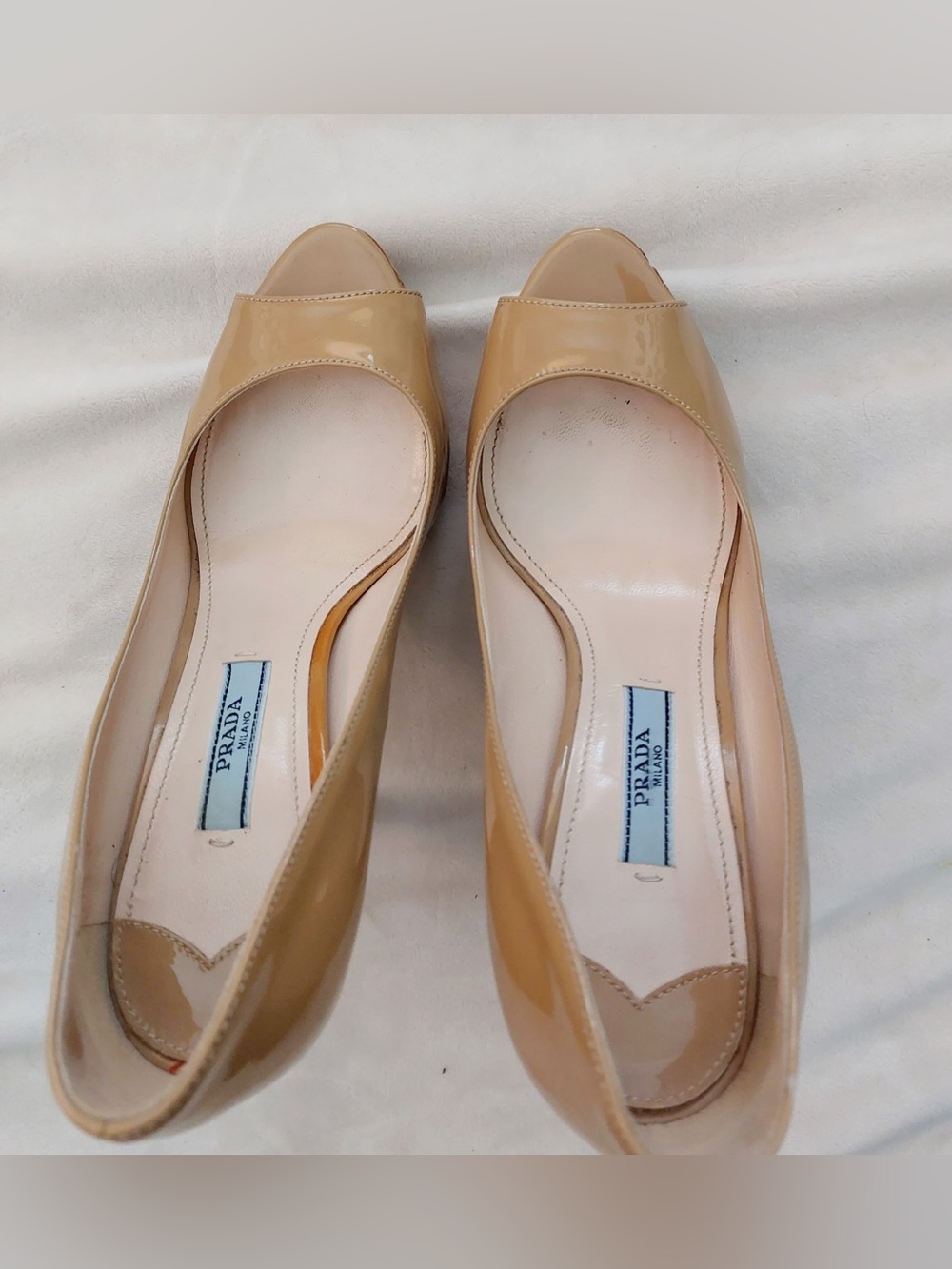 Prada Patent Leather Peep Toe Cork Platform Stilettos